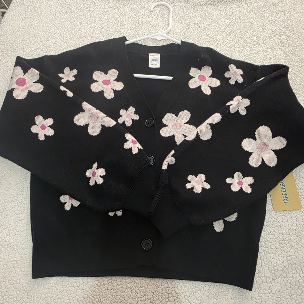 Thereabouts Cardigan Girls Black Daisy Floral Print Long Sleeve Sweater XL